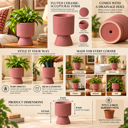 Ribbed Ceramic Planter, 4 Inch | Flower Pot for Indoor Plants with Drainage Hole, Peach