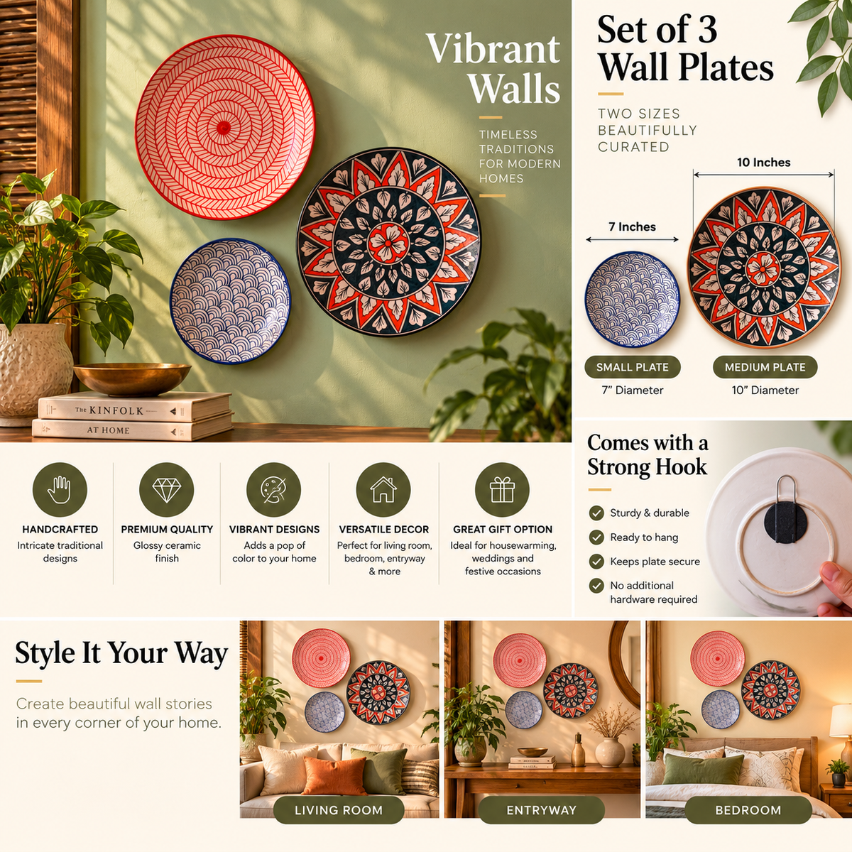 Ceramic Wall Hanging Plates  | Decorative Wall Plates Set of 3