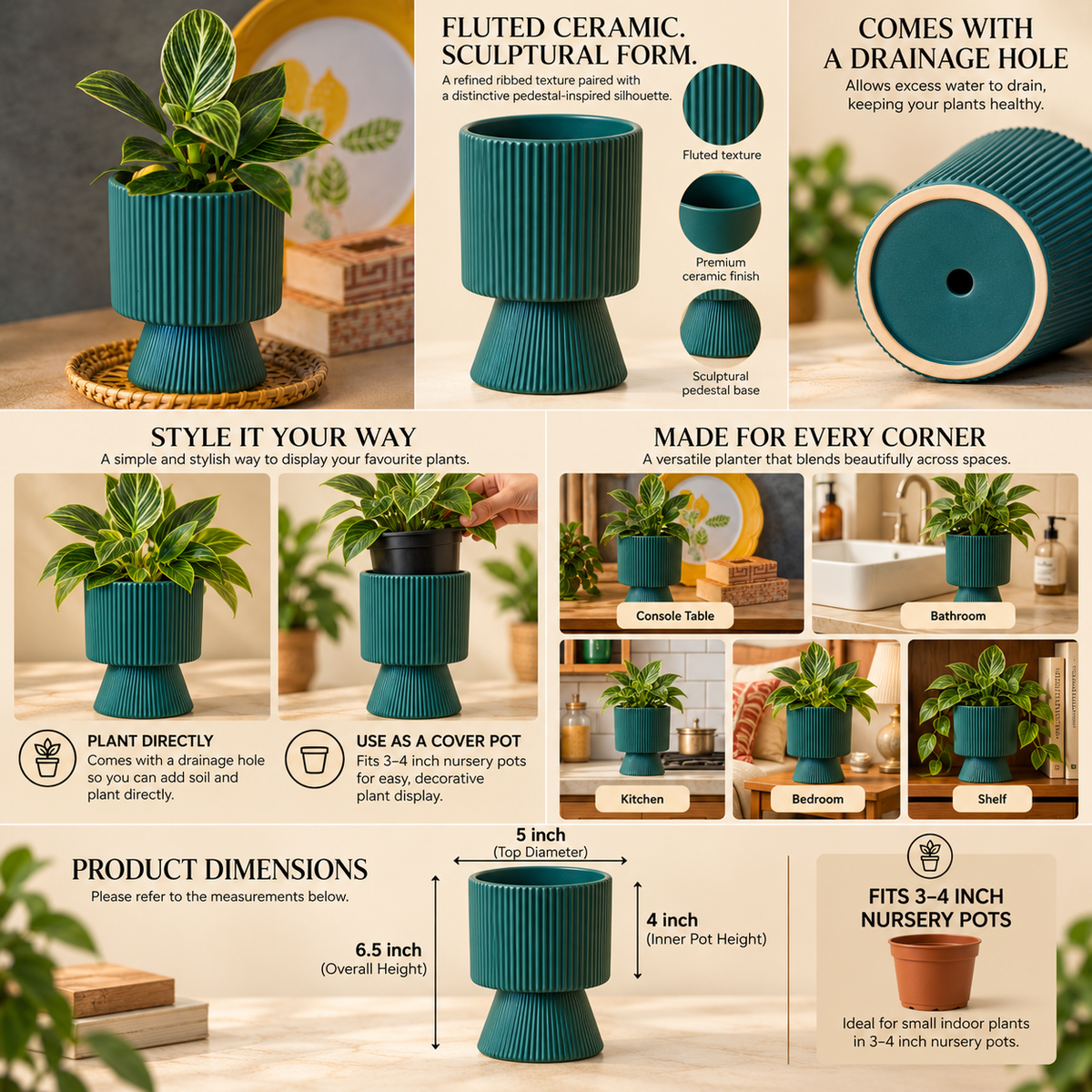 Ceramic Planter for Tabletop & Home Décor, 4 Inch, Teal