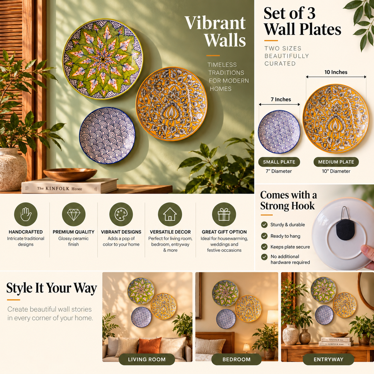 Ceramic Wall Hanging | Plate Decorative Wall Plates, Set of 3