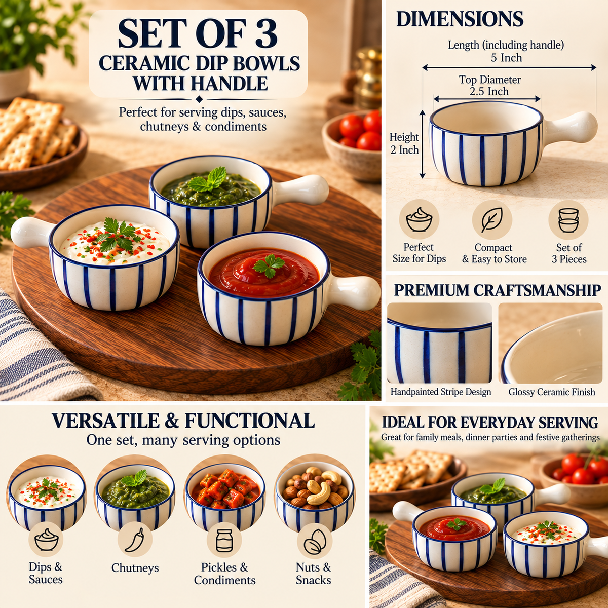 Ceramic Dip Bowls with handle for Chutney, Sauce, Condiment & Pickle