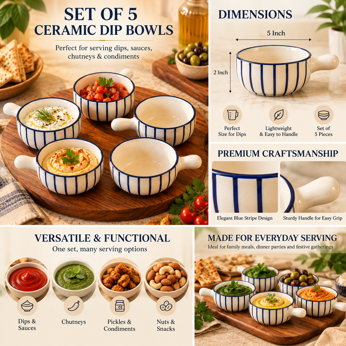 Ceramic Dip Bowls with handle for Chutney, Sauce, Condiment & Pickle