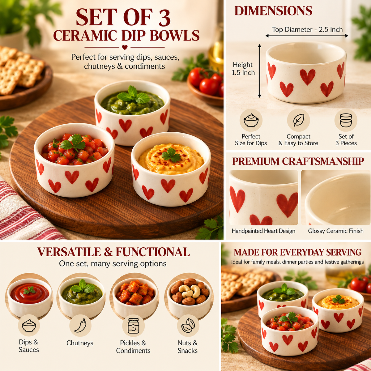 Heart Shaped  Dip & Chutney Bowls & Snack Serving