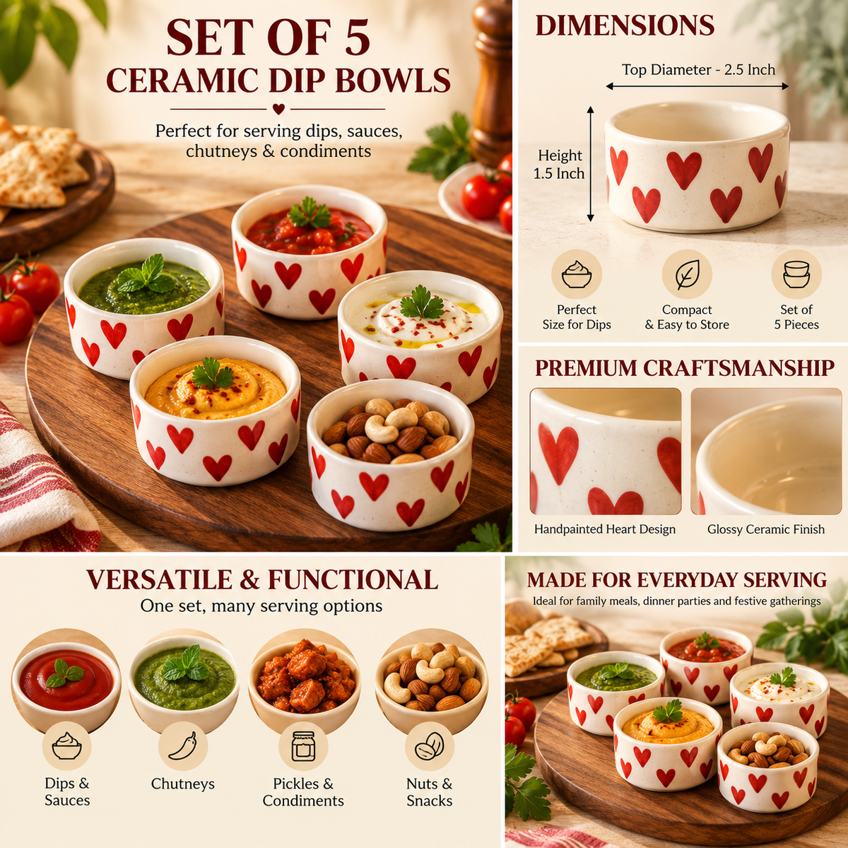 Heart Shaped  Dip & Chutney Bowls & Snack Serving